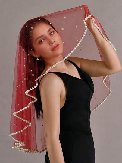 1 Stück weinrotes perlenverziertes Brautschleier ohne Kamm, glänzend und hell für Damen