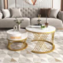 2-In-1 Round MDF Coffee Table, Side Table With Wood Top And Plastic Rattan Drawers, Solid Wood Handles, Gold Iron Legs. 70*70*45.5+50*50*38.5 - White + MDF - View 10