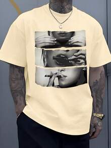 Monochrome Print Captures Contemplative Sequence Woman's Hands Preparing Slender Object Lips Engaging Reflecting Quietude Men Undershirt Tops 220g Tee - 杏色 - 查看 1