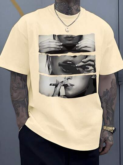 Monochrome Print Captures Contemplative Sequence Woman's Hands Preparing Slender Object Lips Engaging Reflecting Quietude Men Undershirt Tops 220g Tee