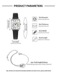LUCKYFOX Vintage PU Leather Square Quartz Watch Set With Bracelet Gift Box For Teenage Girls - Black - View 5