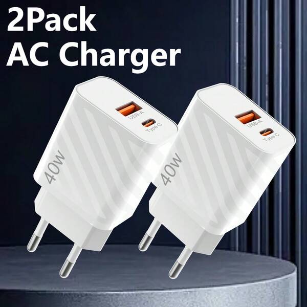 2 Pieces-USB C Charger Fast Charging Adapter, 40W Power Adapter A+C Port Plug, Compatible For IPhone 17/16/15/14/13/12/11/Pro/Max,Galaxy, 9/8/7/6,Compact PD Charger Type-C 2 Ports Wall Plug,For Halloween Gift