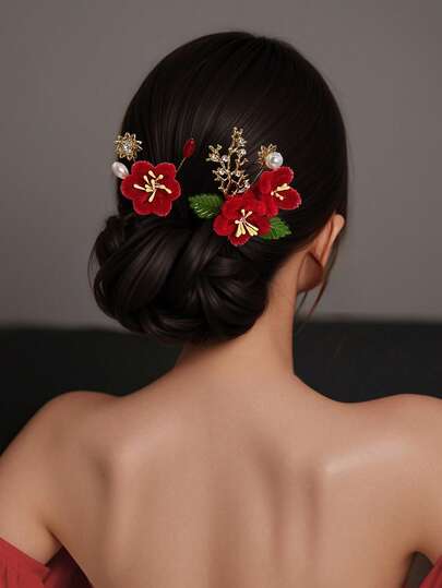一对（2个）镶钻花朵发梳，优雅仿珍珠侧梳，时尚中式新娘头饰，适合婚礼、节日派对、日常休闲女士发饰、盛装打扮发饰、春夏发饰