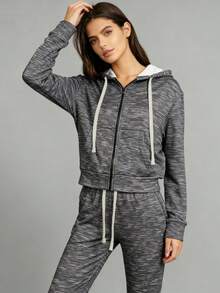 Women's Marled Grey Zip Up Cropped Hoodie, Matching Sporty Loungewear Set, Athletic Two Pieces Outfit With Hooded Jacket & Sweatpants For Gym & Street Fashion - Multicolor - View 3