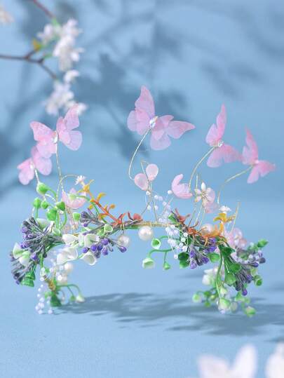 1pc Elegant Butterfly & Flower Boho Headband, Bridal Wedding Hair Accessories, Flower Crown Princess Birthday Festival Gift,Gifts,Travel,Gifts For Women,Hair Stuff,Stocking Stuffers