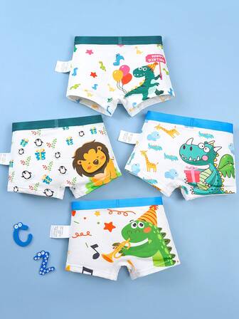 4pcs Young Boy Underwear, Breathable Cartoon Dinosaur Party Printed Briefs