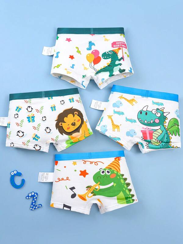 4pcs Young Boy Underwear, Breathable Cartoon Dinosaur Party Printed Briefs