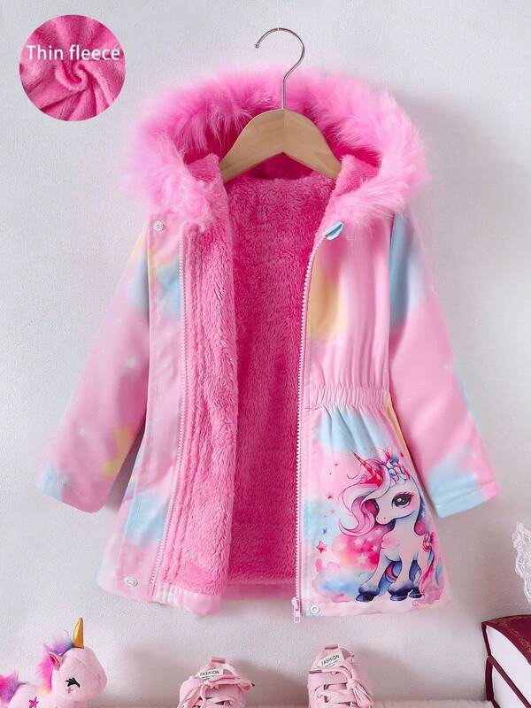 Płaszcz dla dziewcząt z uroczym, kreskówkowym jednorożcem w kolorze różowym, z kapturem i futerkiem, do połowy długości, jesień/zima