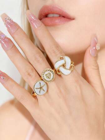 3件套时尚不锈钢滴油心形、海星形、贝壳形开口戒指，适合女性日常佩戴和派对场合