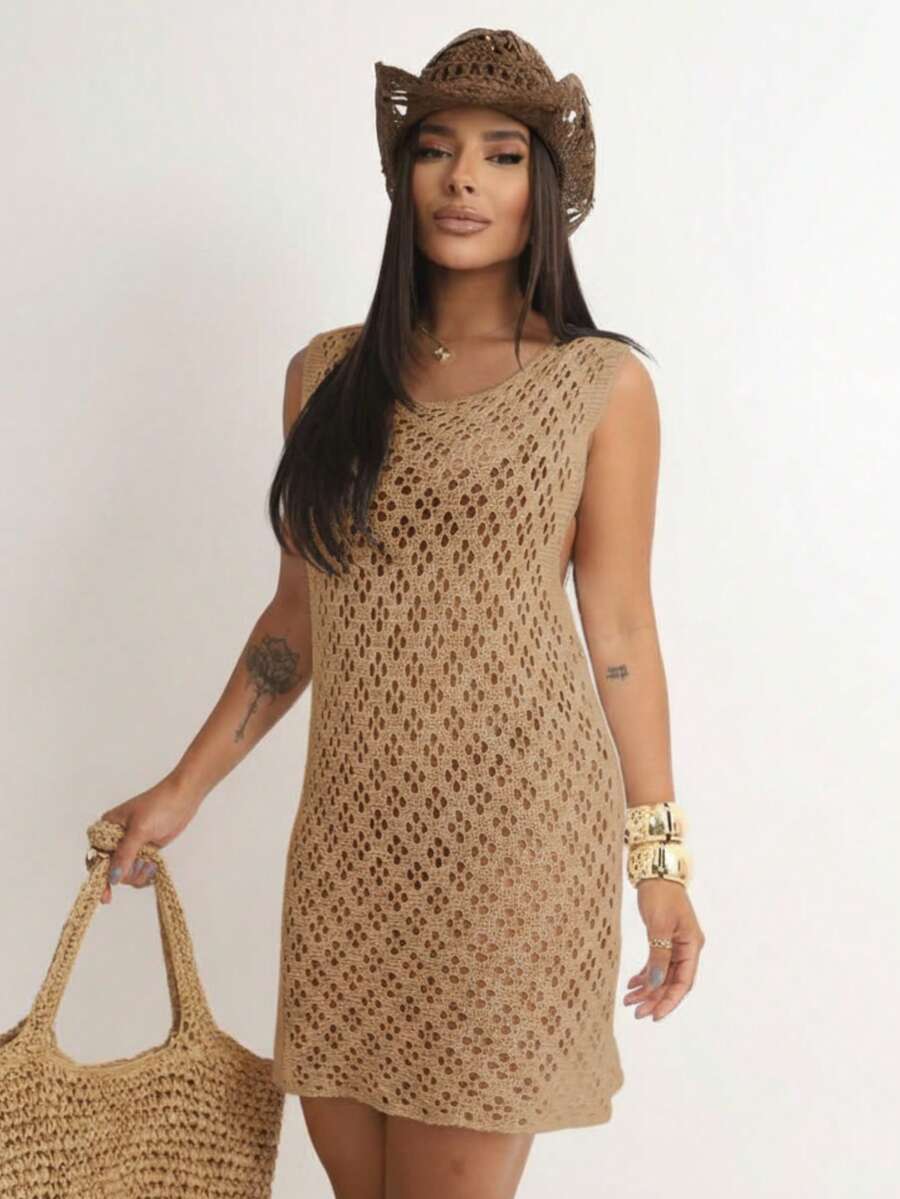 Modest Short Beach Cover-Up Dress, Knitted Crochet Stitch, Pool Style, Women's Fashion With Holes - Beige - View 1