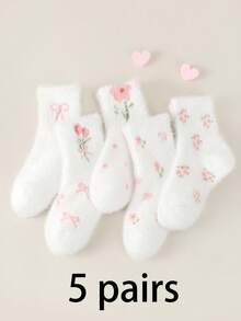 1/5 Paar Mädchen Herbst/Winter Neue Weiße Nerz Samt Socken, verziert mit süßer Tulpen Blumen & Schleife Deko, modischer College Stil, weich & bequem Knöchel/Crew Socken, geeignet für Herbst/Winter Outfits, Studentenalltag, Lässig, Reisen, Feiertage & Geschenke