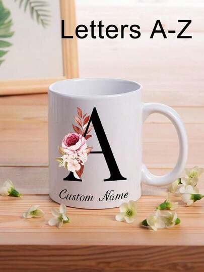 Customized Coffee Mugs, Custom Floral Monogrammed Ceramic Coffee Mugs - Personalized Initial Mug With Flower And Letter Design, Pink And Peach Blossom Design, Perfect Gift For Friends, Family And Colleagues, Suitable For Any Occasion, Can Be Used As Christmas Gift, Housewarming Gift, Valentine'S Day Gift, Anniversary Gift