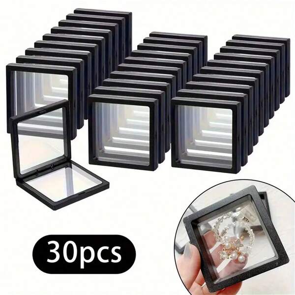 10pcs/30pcs Elegant Black 3D Floating Display Box With Elastic Membrane - Dust-Proof Plastic Jewelry Storage Box For Necklaces, Bracelets, Rings, Coins, Earrings, Pins - Ideal For Retail And Personal Use, Modern Style, Desktop Mounting, Snap Closure, Polished Surface, Personal Jewelry Display | Fashion Display Box | Safety Clasp Box, Jewelry Display Box, Jewelry Box