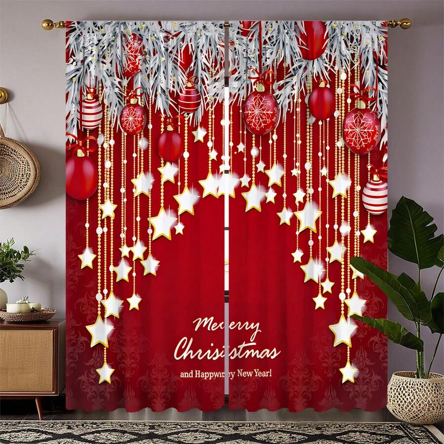 2 pièces Rideaux élégants avec motif d'étoile de boule de Noël rouge et or imprimé à plat, installation de tringle à poche, rideaux à impression numérique, matériau en polyester, convient pour le salon, la cuisine, la chambre, le bureau, la salle à manger, la décoration de la maison, la décoration de Noël
