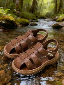 HAHABOBO New Brown Fashion Children Sandals - Solid Color Striped Pattern, Stylish And Simple, Versatile For Daily Wear, Elegant And Graceful, Suitable For Boys, Girls And Toddlers. Comfortable And Soft, Flat And Lightweight, With Design, Suitable For Outdoor Walking, Commuting, School, Beach, Garden And Other Occasions, Can Also Be Worn As Slippers; Perfect For Summer, Autumn And All Seasons. - Brown - View 4