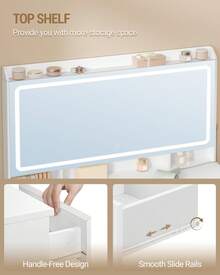 Hzuaneri Große Schminktisch mit Große HD-Spiegel , Schminktisch mit LED-Beleuchtung , 3 Farben, Einstellbare Helligkeit , Frisiertisch mit 11 Schubladen, 3 Ablagefächern und 1 Oberen Regal, Schminktische Fürs Schlafzimmer, Weiß