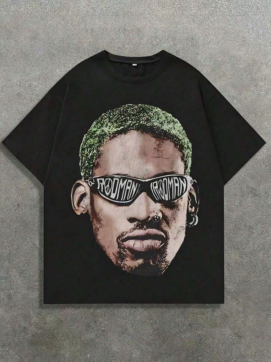Camiseta gráfica con retrato de Rodman, 220 gramos de algodón, cuello redondo casual, camiseta de manga corta con estampado gráfico - Negro - Ver 1