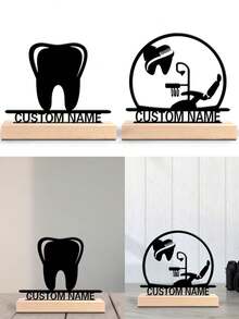 1pc Fashion Personalized Custom Text Tooth Sculpture Metal Art With Wooden Base Tabletop DecorationMetal & Wooden Decor For Bedrooms, Nurseries, Celestial-Themed Spaces, Boho Chic Christmas Decorations Graduation Party Gift