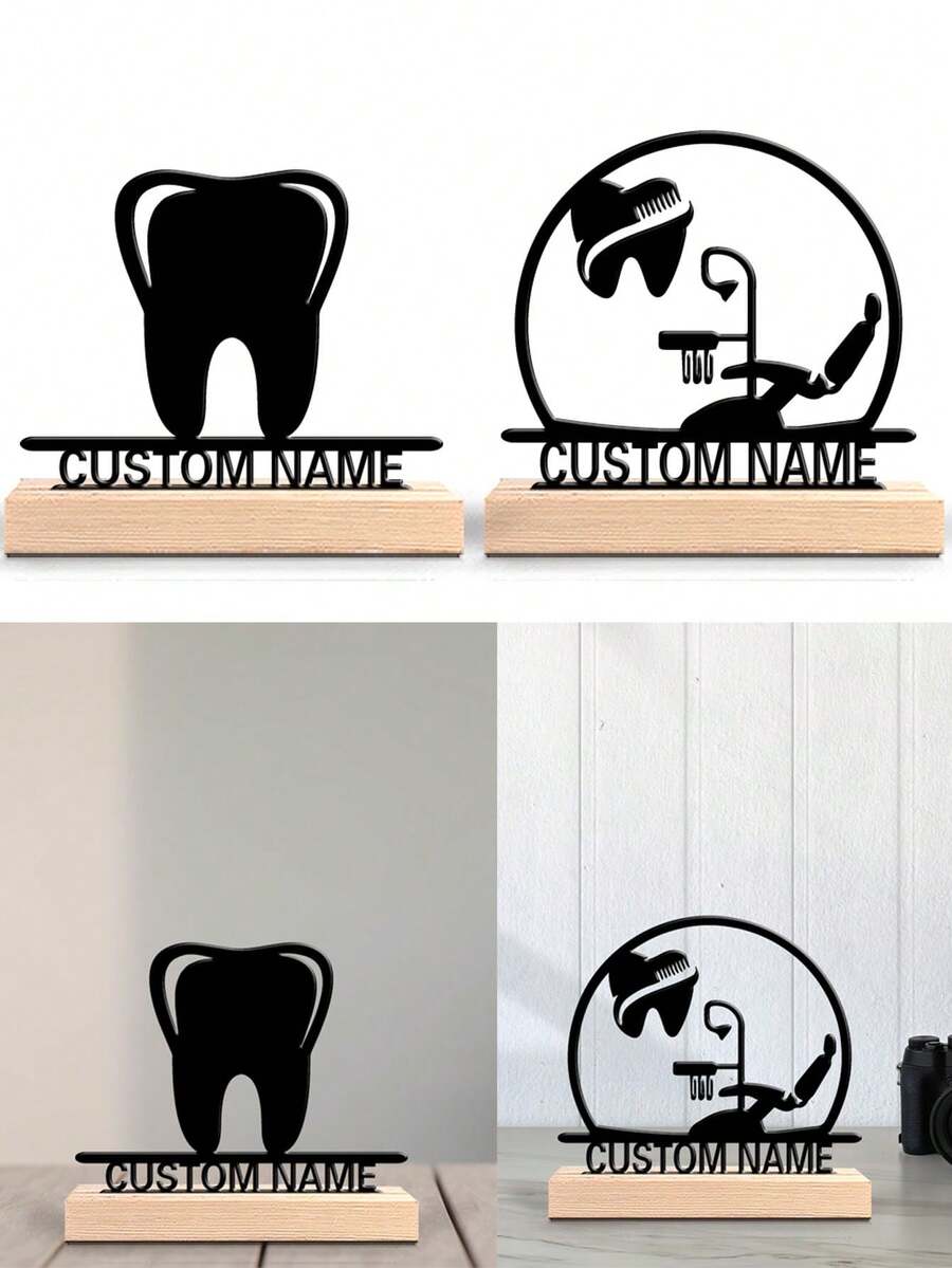 1pc Fashion Personalized Custom Text Tooth Sculpture Metal Art With Wooden Base Tabletop DecorationMetal & Wooden Decor For Bedrooms, Nurseries, Celestial-Themed Spaces, Boho Chic Christmas Decorations Graduation Party Gift