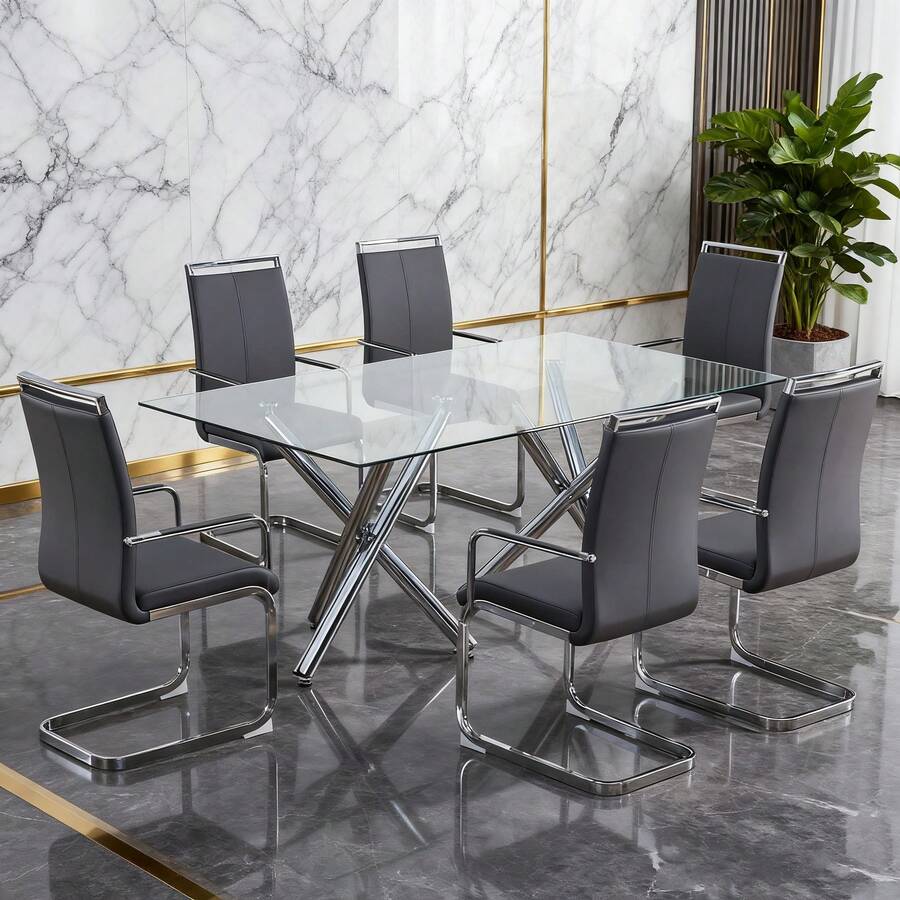 Dining Chairs - Gray + PU Leather - View 1