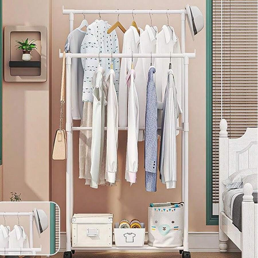 简易单/双杆晾衣架，独立式晾衣架，加厚晾衣架，可折叠卧室衣帽架，可移动便捷室内晾衣架 - 彩色 - 查看 1