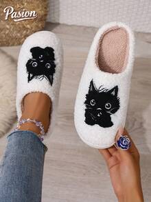 Women's Plush Cat Embroidered Slippers, Cute Indoor Non-Slip Warm Comfortable Bedroom Thermal Slippers, Winter