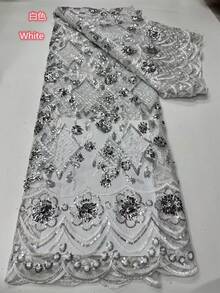 2026非洲薄纱蕾丝面料，3D立体花朵刺绣，亮片蕾丝网眼，高档非洲薄纱蕾丝面料，带亮片，高品质法式绳结设计，适合婚礼和派对面料，5码/1码