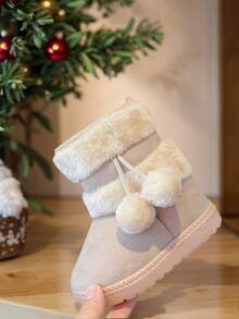 1 Pair Kids Boots, Khaki Color Plush Fur Ball Snow Boots, Soft Sole Anti-Slip, Mid-Calf Boots, Design Suitable For Boys & Girls Outdoor, Party, Travel, Winter