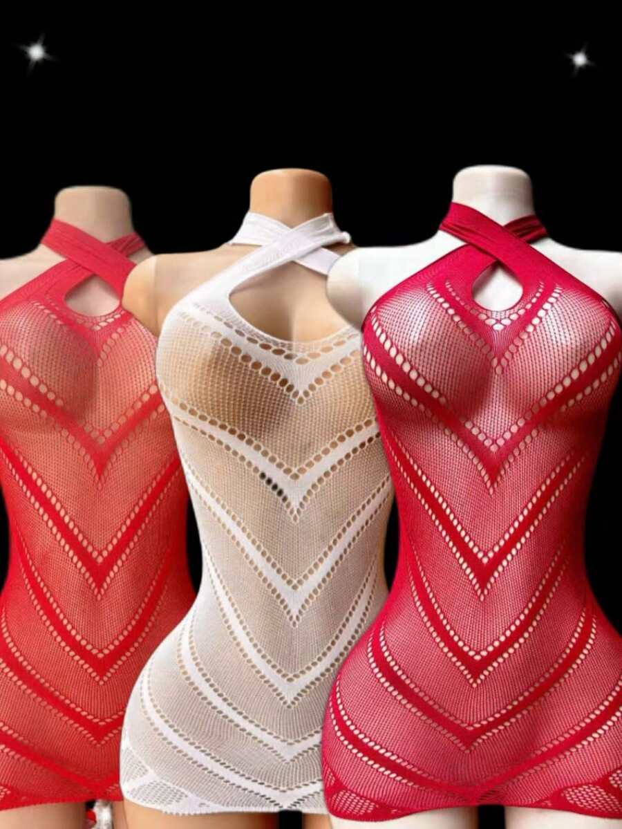 Conjunto de 3 piezas de lencería sexy de vestido calado para mujer para uso nocturno romántico - Blanco+Vino Tinto+Tinto - Ver 1