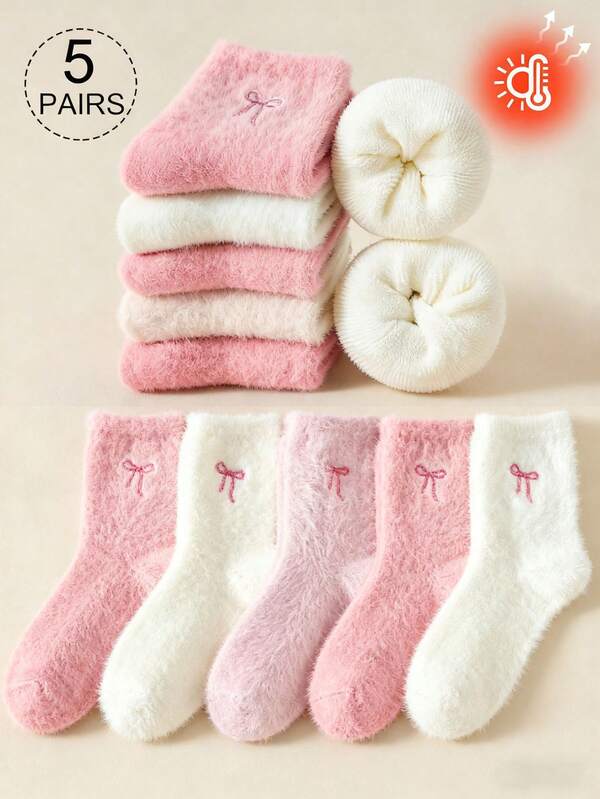 5 Pairs Of White And Pink Fuzzy Girl's Crew Socks, Bow Pattern Warm Socks, Soft And Comfortable, Suitable For Autumn And Winter,Random Colors