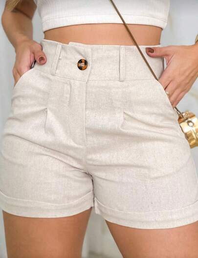 Short Linho Feminino com Bolso Faca e Botão Moda