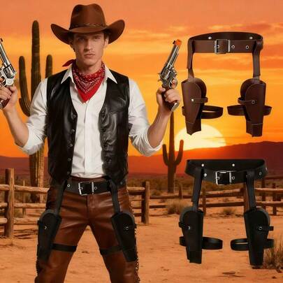 PU Leather Wrist Strap Waist Holster With Leg Strap, Lara Holster,Western Cowboy And Gun Holster Combo Belt, Practical Role-Playing Prop, Unisex Costume Accessory, Cosplay Accessories, Suitable For Christmas, Unisex Accessory, Funky Design, Durable Strap, Reinforced