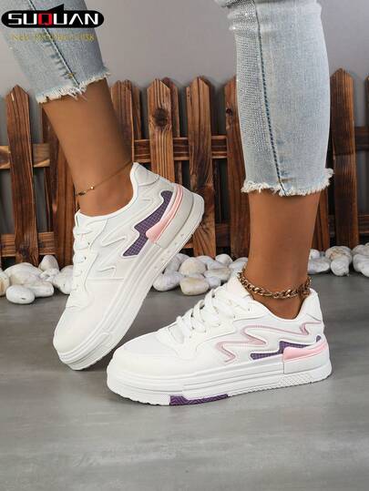 1 双女式白色运动鞋，时尚休闲系带平底鞋，学生校鞋，百搭运动鞋，适合春秋季，时尚舒适的白色鞋子，纯色平底户外滑板鞋，跑步鞋