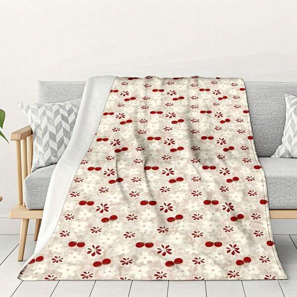 1 peça de cobertor de flanela pequeno com estampa de coração de cereja fresca, tecido para casa, capa de sofá, cobertor pequeno, xale e cobertor perfeitos para sofá, viagens, decoração de quarto, adequado para uso por família e amigos, lavagem à máquina opcional, impressão digital, estilo moderno