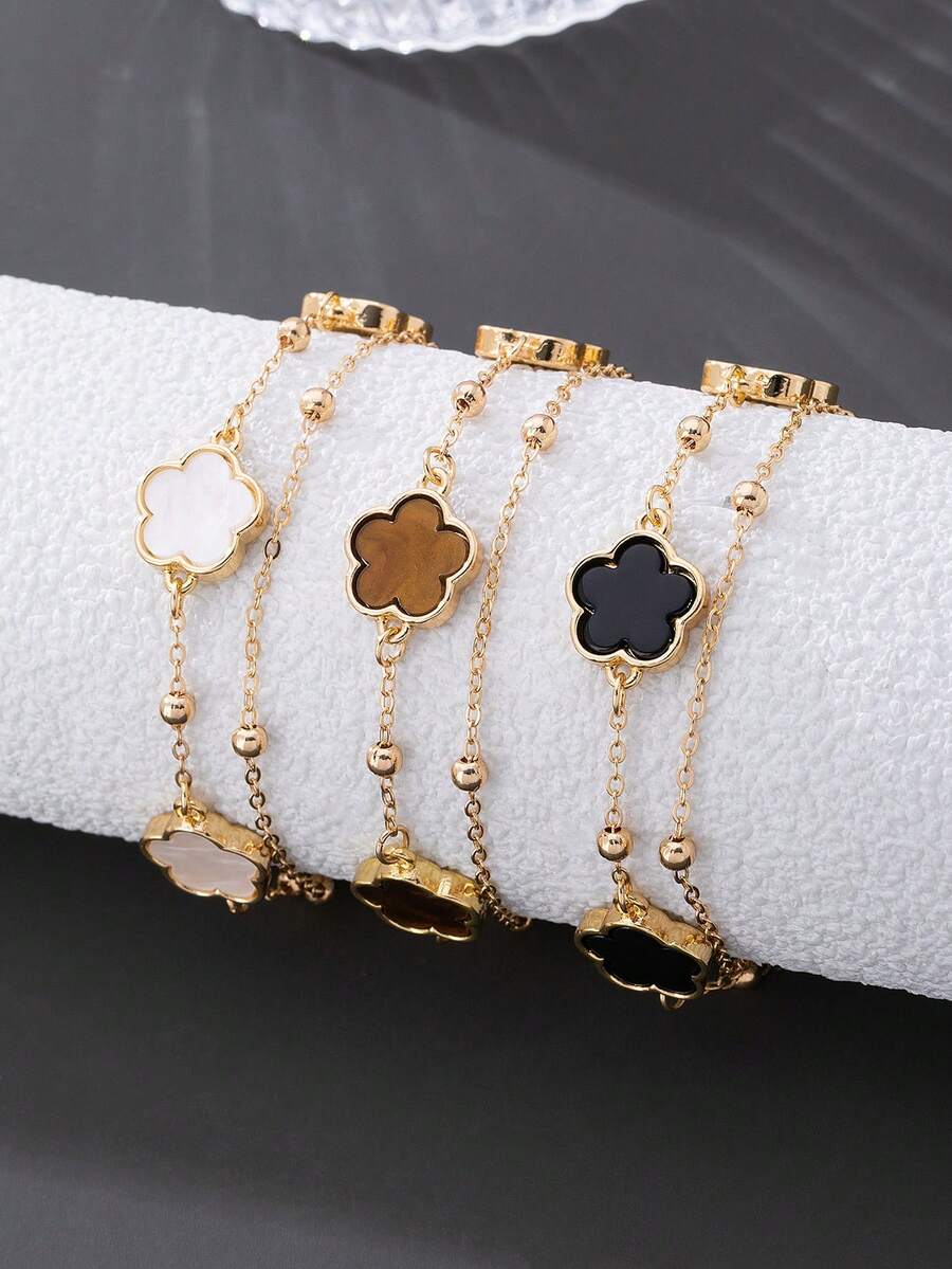 3件套经典黑、白、棕幸运草叠戴手链套装，女士款，可叠戴/自由组合（由于手工裁剪，珠子数量可能略有不同，但最终长度保持不变） - 彩色 - 查看 1