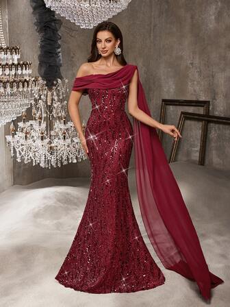QOQ Shimmering Sequins Banquet Formal Dress Asymmetrical Neck Women Evening Gown For Birthday Party, Cocktail, Dinner, Charity Prom Sleeveless Backless Slim Maxi Long Dresses
