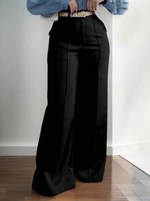 Jisfaneya 拉链口袋阔腿裤，优雅通勤百搭办公学校日常穿着，纯色无腰带，春夏黑色 - 黑色 - 查看 2