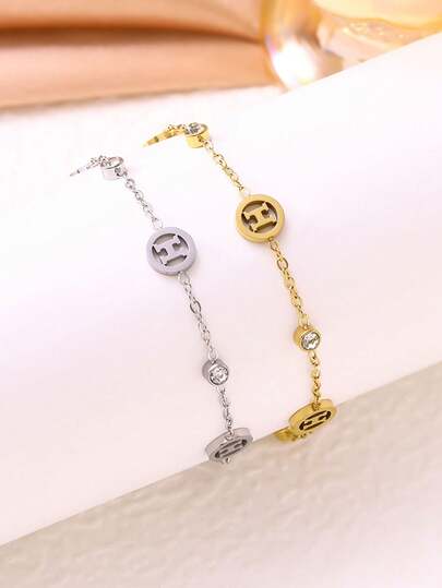 1pc Stainless Steel Fashionable High-End Luxury Minimalist H-Letter Rhinestone Electroplated 18K Bracelet, Versatile Accessory Gift