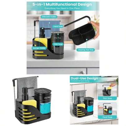 Dual Hand Dish Soap Dispenser Kitchen Sink, 4 - In - 1 Kitchen Sink Organizer With Sponge Holder, Dishcloth Rail, Removable Dish Soap Dispenser, Non - Slip Pads, Black
