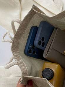 1个刺绣字母图案手提袋，粉色毛巾刺绣花卉印花亚麻手提袋，小巧花卉亚麻纽扣装饰手提袋，简约大容量手提袋，便携休闲收纳手提袋，多功能购物袋，新款设计，大容量 - 彩色 - 查看 6