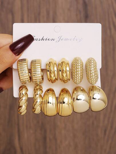 12/6 pezzi Set di orecchini da donna stile punk dolce in CCB, a forma di goccia d'acqua asimmetrica, con texture vintage arricciata + orecchini in resina geometrica accartocciata, versatili per uso quotidiano, feste, appuntamenti delle donne