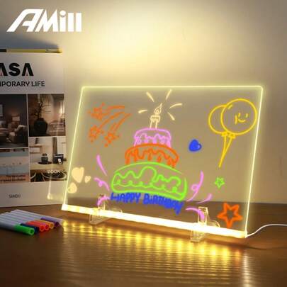 1pc USB LED Note Board, Message Board, Memo Board, LED Drawing Board Acrylic LED Message Board, Warm White Light, With 7 Color Pen, Drawing Supplies, Scratch-Resistant, Adjustable, Erasable, Birthday Gift, Party Decoration