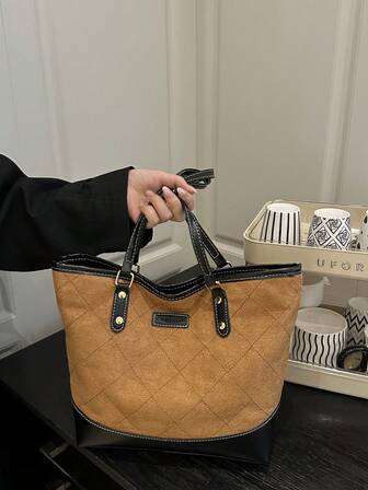 2025新款时尚撞色手提包，女士大容量通勤多功能手提包