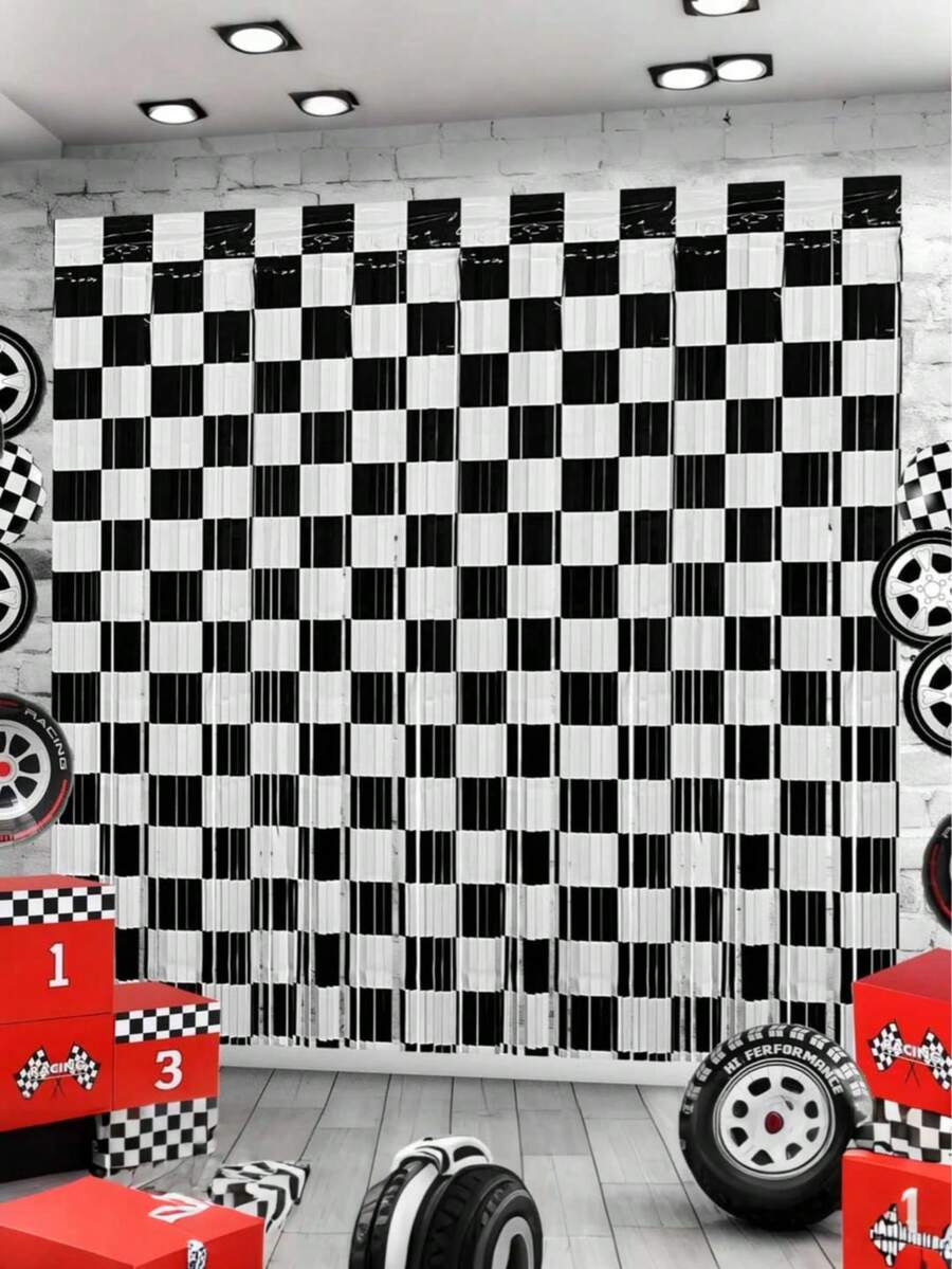 3pcs Racing Car Theme Tassel Backdrop, Suitable For Birthday Party Decoration, Size 3.28 X 6.56 Ft, Black & White Tassel Background, Photography Backdrop Props, Racing Car Theme, Fit For Baby Shower, Boy Birthday Party And More