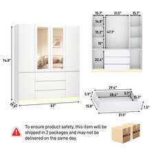 4 Doors Armoire Wardrobe Closet With 3 Drawers & Mirror, Modern Wooden Bedroom Armoires With Hanging Rod USB Powered Led Lights For Bedroom - 白色-4門 - 查看 3