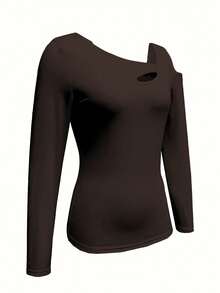 Áo tay dài khoét lỗ, lệch vai, kiểu dáng thời trang dành cho nữ, thích hợp mặc thường ngày vào mùa xuân, thu và hè. - nâu sẫm - Xem 4