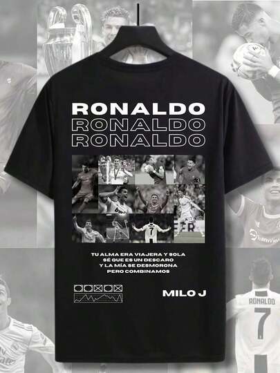 Camiseta de 100% algodón para hombres - Camiseta casual de cuello redondo clásico de manga corta. Camiseta de algodón negro con el patrón de Ronaldo