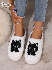 Women's Plush Cat Embroidered Slippers, Cute Indoor Non-Slip Warm Comfortable Bedroom Thermal Slippers, Winter
