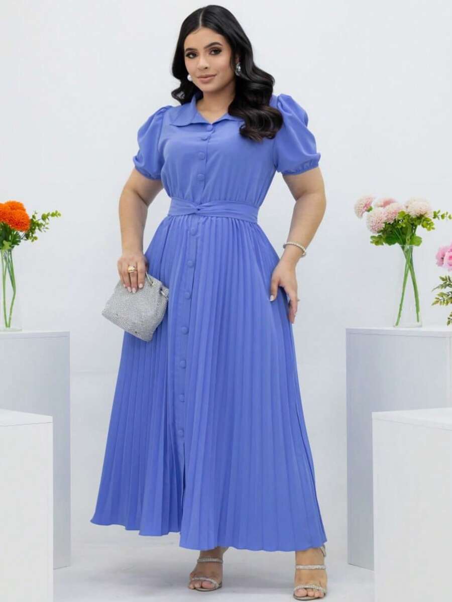 Paola Long Lined Flowing Pleated Elegant Modern Christian Dress - 鋼藍色 - 查看 1