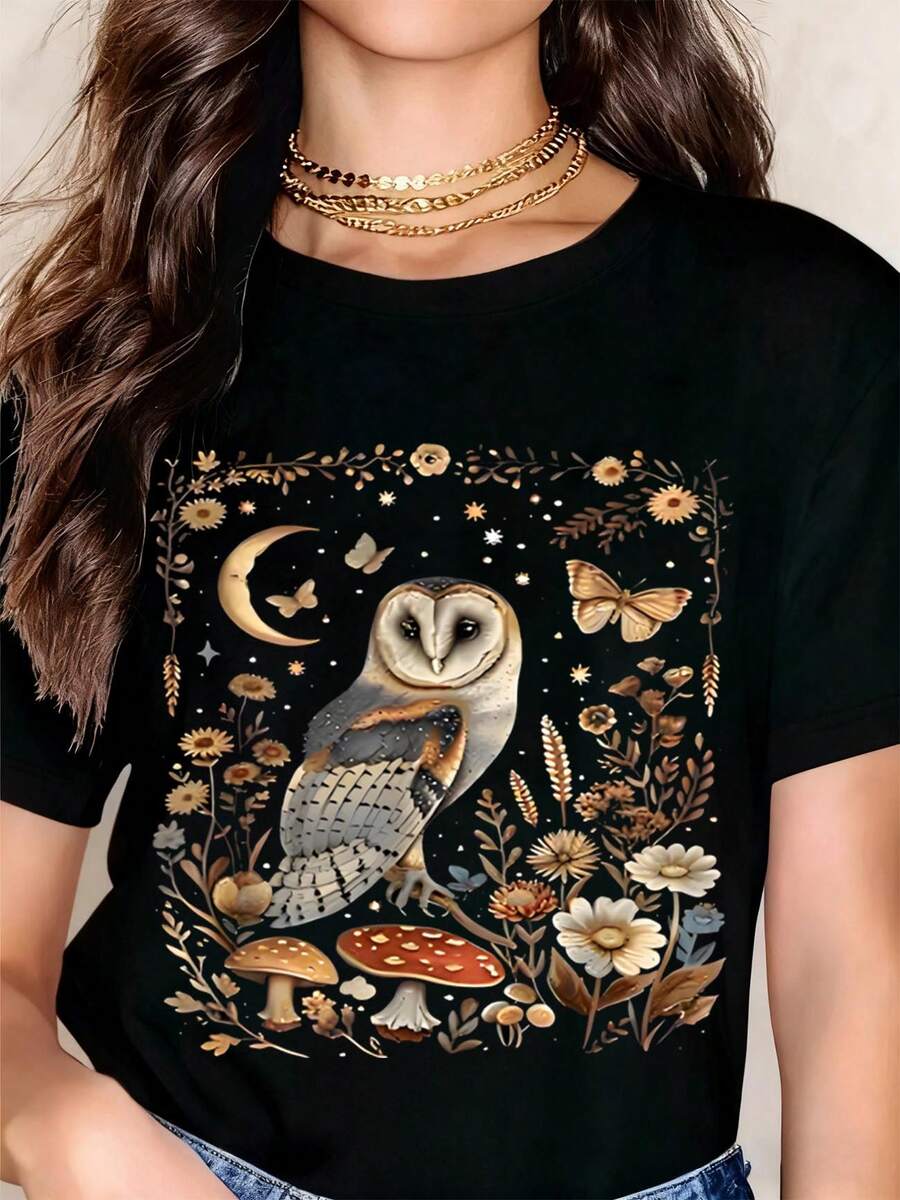 Owl Mushroom Floral Moon Butterfly Black T Shirt Women Boho Nature Print Graphic Tee Autumn Fall Cute Animal Top Fashion Casual Wear - 黑色 - 查看 1